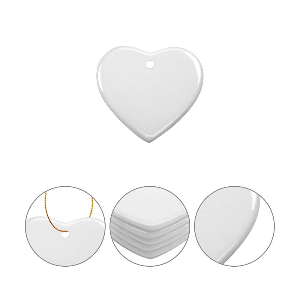 PYD Life 25 PCS sublimación blanco ornamento de cerámica 3 pulgadas en forma de corazón ornamento con cadena de oro para Navidad decoración personalizada del hogar a granel
