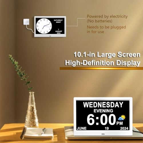 Extra Large Impaired Vision Digital Alarm Clock With Day And Time For Elderly Calendar Clock Auto Dimmable Clock (10.1 Inch White) - 3