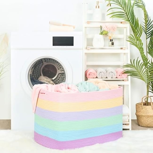 MINTWOOD Design 112L Extra Large Blanket Basket Holder Living Room, 25x17x16 Rectangle Rope Woven Storage Basket with Handles for Laundry, Towels, Shoes, Dog Toy Organizer Bin Box, Pastel Rainbow