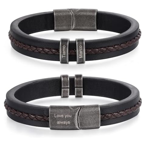 Personalized Custom Name Bracelets for Men - Mens Leather Bracelet with 2-5 Kids Names Customized Gifts for Dad Husband Son (2 names) Cover