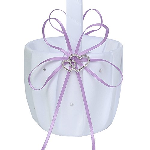 Flower Girl Basket With Satin Ribbon And 2 Heart Rhinestones 5X8.5 Inch For Rustic Wedding Shower Ceremony Party-Lavender #TOP1