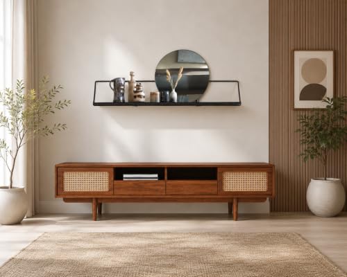Image of Space Galaxy Solid Sheesham Wood TV Unit with Cane Rattan Doors | Wooden Entertainment Cabinet with 2 Drawers | Media Console & Storage Stand for Living Room, Bedroom & Home | Honey Oak Finish