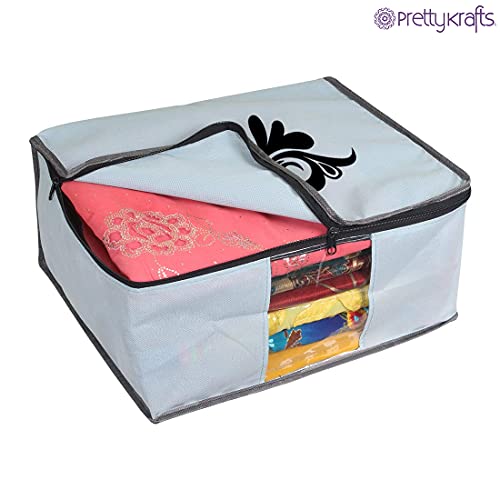 Image of PrettyKrafts Large Saree Cover With Creative Prints, Wardrobe Organiser, Clothes Cover & Storage, Zip Closure and Transparent Window | Clothes Storage Bag | Set of 3, Grey | Size: 40 x 35 x 20 cm