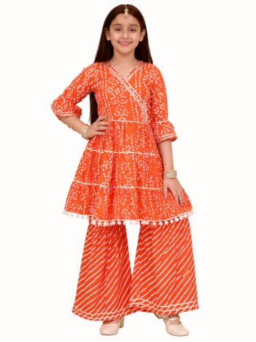 Image of Preneum Girl's Cotton Rayon Bandhani & Lahariya Printed Angrakha Kurta with Sharara & Dupatta