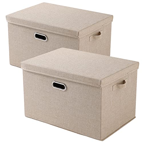Image of HOKIPO Polyester Linen Multipurpose Storage Box With Lid For Wardrobe, Home And Office, Beige,Extra Large,Pack Of 2 (Ar-4369-Xl*2)