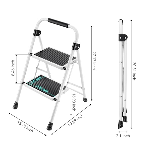 KINGRACK 2 Stufen Leiter, Trittleiter mit Handläufen, Stufenleiter, Klappleiter Tritthocker, Klapptritthocker für Erwachsene mit Griff, Haushaltsleiter Anti-Rutsch-stabilem und breitem Pedal, weiß