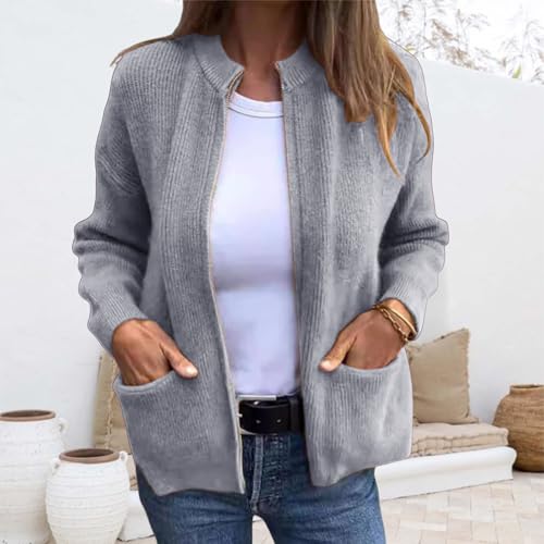 Women's Round Neck Zipper Knitted Jacket Zip Up Sweaters Long Sleeve Casual Loose Outwear with Pockets2