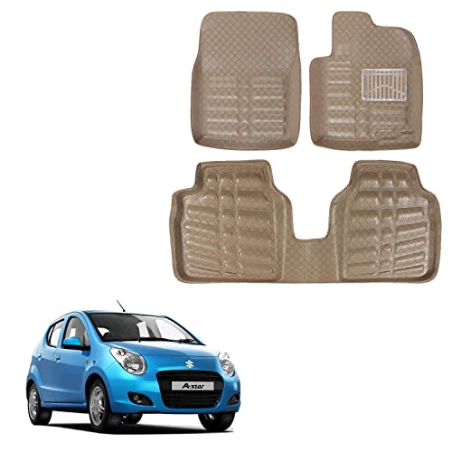 Image of Oshotto 4D Artificial Leather Car Floor Mats Compatible with Maruti Suzuki A-Star - Set of 3 (2 pcs Front & one Long Single Rear pc) - Beige