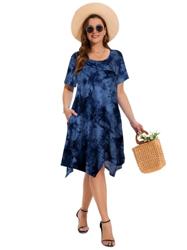 Image of ZENNILO Plus Size Tshirt Dress with Pockets Casual Summer Dresses Crew Neck Short Sleeve Swing Dress for Women