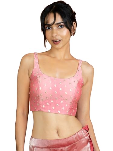 FIGURES DESIGNER Womens Sleeveless Square Round Neck Sequin Embroidered Readymade Saree Blouse E8 (PINK 38)