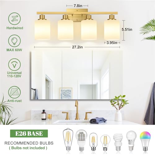 Image of MOKATNG 4-Light Bathroom Light Fixtures, Brushed Gold Vanity Light with Milky White Shades, Bathroom Lighting Fixtures Over Mirror, Modern Bathroom Wall Lamp for Mirror Living Room Cabinet Bedroom
