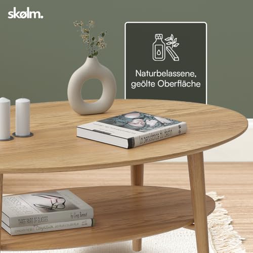 skølm Mjölnir Couchtisch oval – Wohnzimmertisch aus Eiche Massivholz – Sofatisch mit 2 Ablagen – kleiner Beistelltisch Natur geölt – Holztisch Wohnzimmer mit Stauraum – Coffee Tablen 70x110 cm – Bild 6