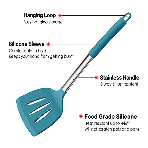 Lianyu 15-Piece Kitchen Cooking Utensils Set With Holder, Silicone Kitchen Tools Stainless Steel Handle, Slotted Spatula Spoon Turner Tong Whisk Brush For Cooking, Dark Blue #TOP2