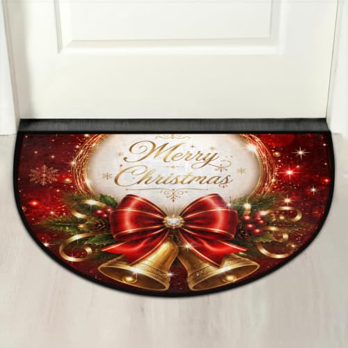 Image of Half Round Doormat Washable Kitchen Semi Circle Rug xmas Golden Bell Holly