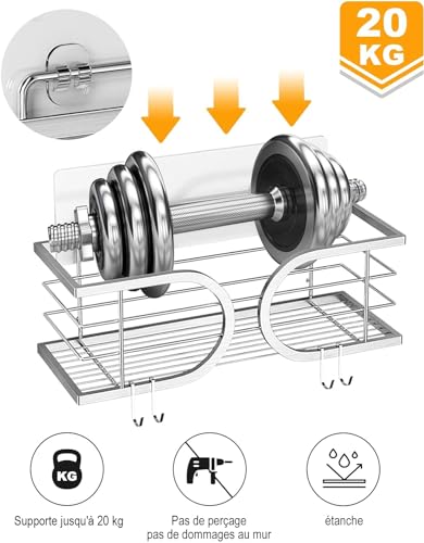 Étagère douche sans perçage murale en acier inoxydable 304 de grande capacité argent - 5