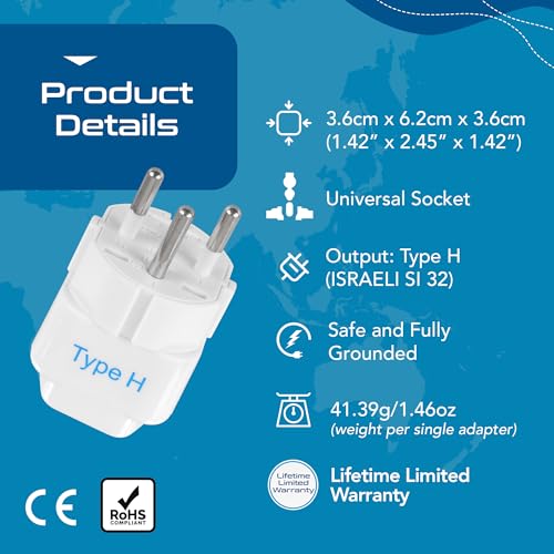 Image of Ceptics Israel Power Adapter Travel Universal Plug,Works in Palestine,Jerusalem,Holy City-Perfect for Charging your Electronic Devices (Type H)- Safe Grounded Connection-3 Pack (GP-14-3PK),White