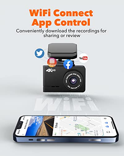 Wolfbox Dash Cam - 4K Dash Camera For Cars With Wifi Gps - 2160P Uhd Dashcam Front - Mini Car Dashboard Recorder With 2.45" Lcd, 170° Wide Angle, Loop Recording, Night Vision, Smart App Control #TOP3