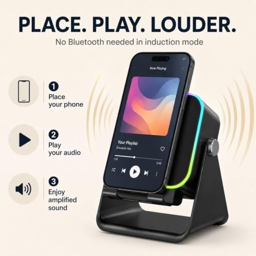Image of Wireless Induction Speaker with Phone Stand, Rechargeable Bluetooth Audio Amplifier with RGB Colorful Light, Foldable Desktop Mobile Holder for iPhone, Samsung, Android, Home, Office & Gifts