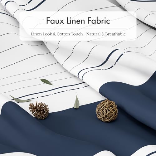 Image of AmazerBath Boho Shower Curtain Set, Rustic Faux Linen Navy Blue Striped Shower Curtain with Hooks, Modern Farmhouse Shower Curtain with Tassels, White Base Toned, 72x72 Inches