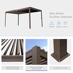 Domi Outdoor Louvered Pergola 10x16FT with Adjustable Steel Roof Outdoor Aluminum Frame Rainproof Pergola for Backyard Garden and LawnBrown