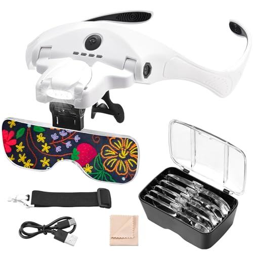 Anpro Lunette Loupe USB Rechargeable avec 4 Lumières LED à Luminosité Réglable, Loupe avec 5 Lentilles Détachables (1X-3.5X), Parfait pour Tous Les...