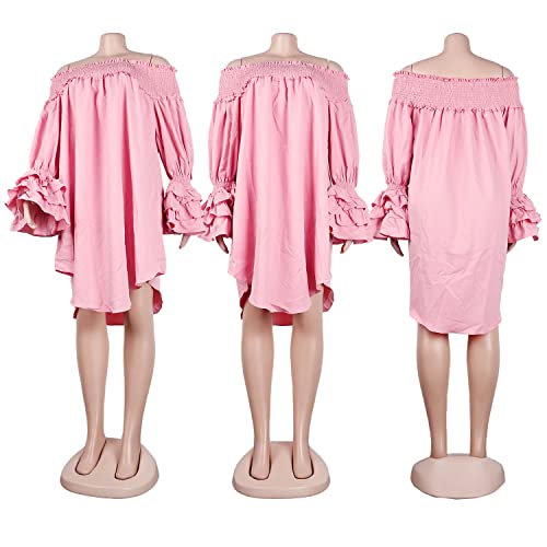 Image of WOKANSE Women's Casual Plus Size Shirred Dresses Off Shoulder Bell Sleeves Ruffle Loose Stretchy Neck Midi Dress