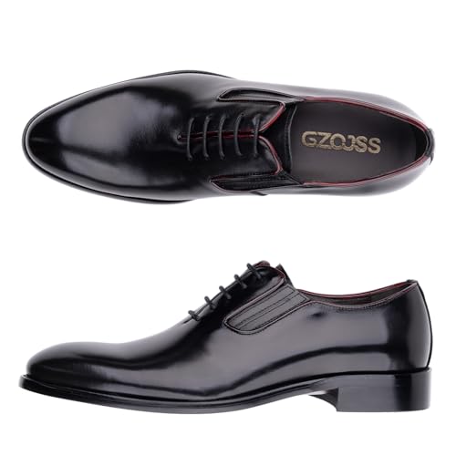 Image of Men's Plain Toe Whole Cut Oxford Dress Shoes Polished Full Grain Leather Closed Lacing 5 Pairs Eyelets Lace Up Formal Suit Shoes for Business Wedding Groom Prom Black Tie Events