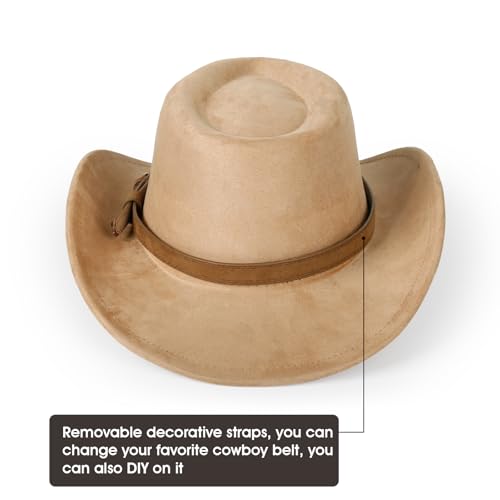 Image of 2 Pack Western Cowboy Hats for Women Men 2 Different hat Bands | Classic Felt Wide Brim Costume Cow Boy Hat Curved Brim Cowgirl Hat