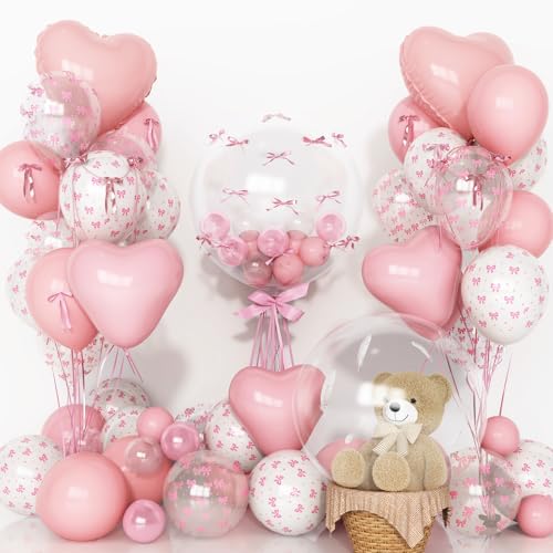 Image of Coquette Pink Bow Balloons Birthday Decorations, 20 In Bobo Light Pale Baby Dusty Pastel Pink and White Balloons Heart Shape Balloon, First Birthday Bow Party Decor for Princess Girl Just Wanna Be One