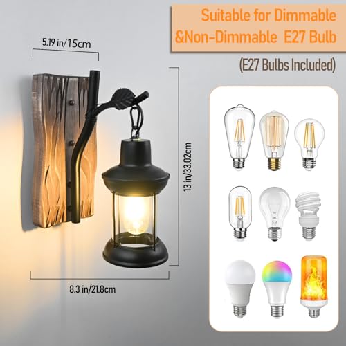 Image of Rustic Wall Light Fixtures Vintage Wall Sconces Sets of 2 Farmhouse Antique Wooden Wall Lamps with Clear Glass Mounted Lighting Black Bedside Sconces Lighting for Bar Cafe Barn Stairs