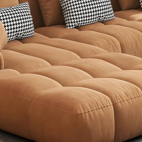 Image of Modern Cloud Puffy Velvet Sofa Tufted Structure Round Arm L-Shaped Sofa Set Round Back with Throw Pillows for Living Room (L Shape +1 & Footrest, Rust Orange)