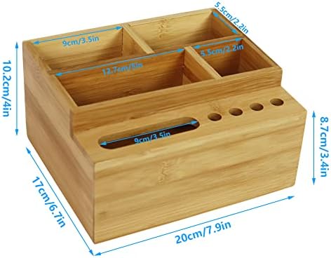 WKWKER Bamboo Desk Tidy Organizer & Pen Holder Storage with 4 Compartments and 5 Holes for Stationery Organisers in Home, Office, School, Classroom Storage (Natural).