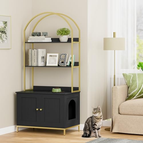 Homhedy Cat Litter Box Enclosure, Litter Box Furniture Hidden with 2-Tier Storage Shelves, Wooden Cat Washroom Furniture with Metal Frame, Modern Style, Black and Gold