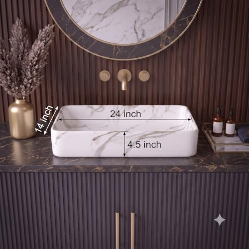Image of Designer Ceramic Table Top Vessel Sink Wash Basin For Bathroom | Wash Basin Over Counter | Countertop Bathroom sink (24 x 14 x 5 Inch) (Designer White Green)