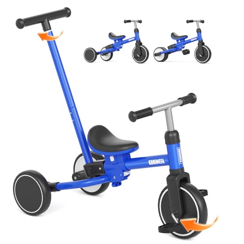 KORIMEFA Triciclo Evolutivo de Bebé 5 en 1, Bicicleta para Niños Desde 1 Año hasta 3 años con Barra de Empuje, Asiento Ajustable, Pedales Desmontables (Azul)