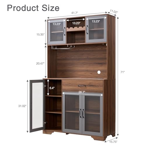 Image of Fatmok 71 inch Tall Pantry Cabinet with Glass Doors, Kitchen Hutch Storage Cabinet, Coffee Bar & Liquor Cabinet with Charging Station & LED Lights, Wine Rack, Adjustable Shelves&Large Drawer, Brown