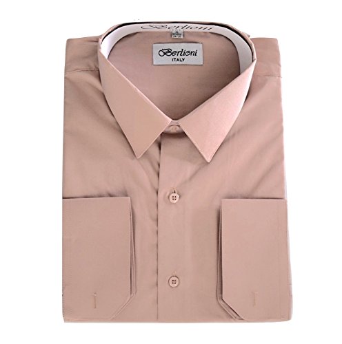 Berlioni Italy Men's Convertible Cuff Solid Dress Shirt Blush-Blush-XL (17-17Â½) Sleeve 32/33