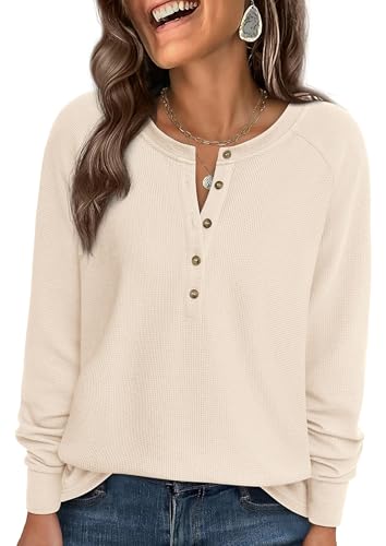 PRETTYGARDEN Women Long Sleeve Waffle Knit Shirts 2026 Fall Casual Button V Neck Loose Henley Tops Basic Tees Winter Clothes (Beige,Small)