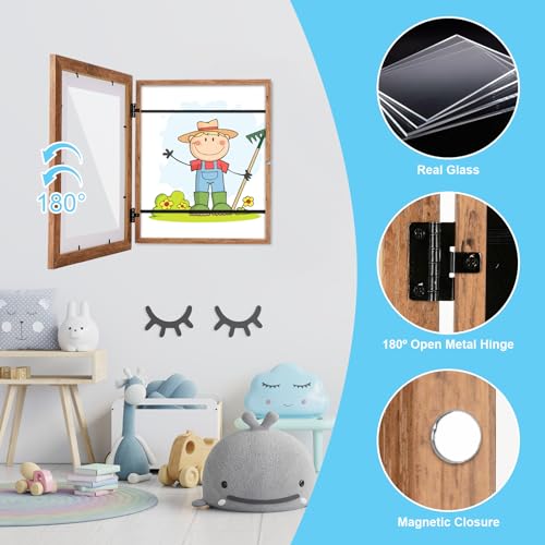 Image of [2 Pack] Kids Art Frames, 10x12.5 Front Opening Kids Artwork Frames Changeable,Dark Woodgrain Artwork Display Storage Frame for Wall, Holds 50 Pcs, for 3D Picture, Crafts, Children Drawing, Hanging