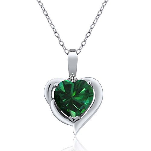 Gem Stone King 1.52 Ct Heart Shape Green Simulated Emerald White Diamond 925 Sterling Silver Pendant