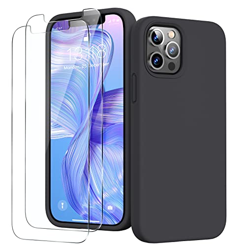 GOODVISH 3 in 1 iPhone 12 Hülle & iPhone 12 Pro Hülle mit 2 Stück Schutzfolie - Hochwertiges Liquid Silikon Rundumschutz Handyhülle, mit Weichem Mikrofaser-Innenfutter Stoßfestes Schutzhülle, Schwarz Cover