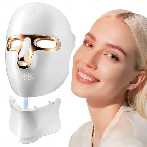 ONLUKY LED Maske Gesicht Anti-Aging Aufladbare Rotlicht-Therapie-Maske Gesicht mit Infrarot USB-C-Ladung 120 LED-Perlen Ohne Stromkabel für Zuhause Reise und Yoga (inkl. Halsaufsatz) Gold