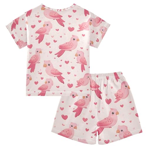 ALAZA Pink Bird Love Heart Pajamas Set Short Sleeve Cotton Sleepwear Summer Pjs 2 Piece 5-14Y2