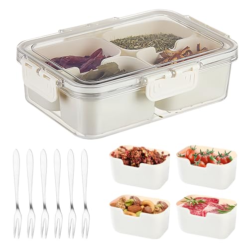 Pmueuff Scatola per Snack con Coperchio, Piatto Snack con 4 Scomparti, con 5 Forchette in Acciaio Inox, Scatola con Scomparti Nack Box con Coperchio, Noci, Frutta, Verdura