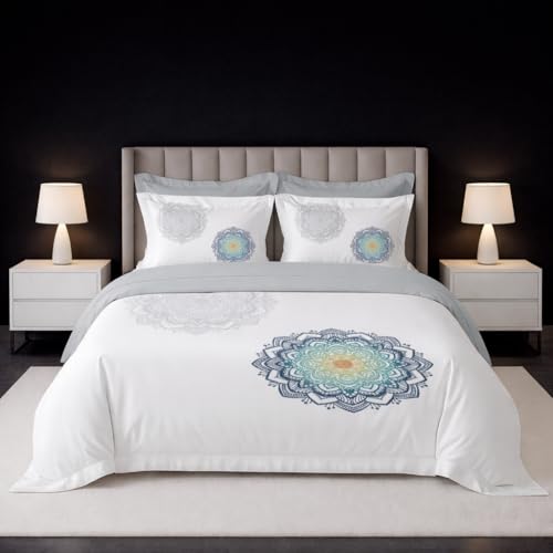Image of LANE LINEN 100% Cotton Printed King Size Bedsheet - White Grey | OEKO-Tex Certified, 250TC, Fits King & Double Bed, Mandala Print, Breathable & Wrinkle-Free, Includes 2 Pillow Covers
