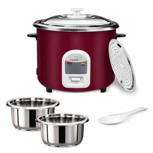 Image of V-Guard Rice Cooker With Double SS Pot, 2.8 Litres|2 Stainless Steel Cooking Pot|Stainless Steel Lid|1000 Watts 5-Year Heating Plate & 2-Year Product Coverage|Keep Warm Function | BIS CERTIFIED|