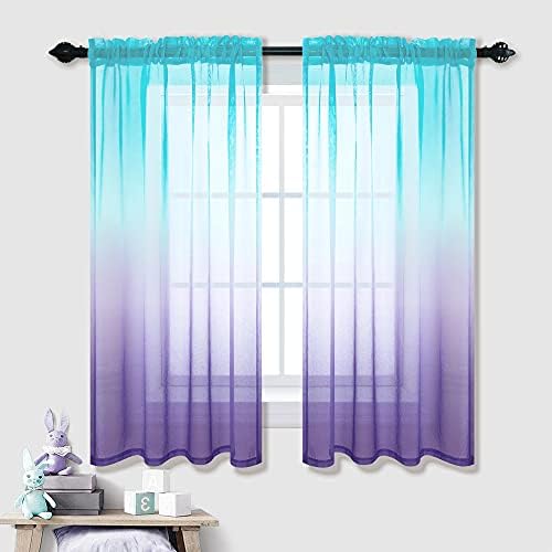 Teen Girl Room Decor Set of 2 Sheer Curtain Panels Princess Mermaid Ombre Rainbow Colorful Kids Bedroom Decor for Girls Bedroom Decoration Bathroom Window 45 Inch Length Aqua Teal and Lavender Purple