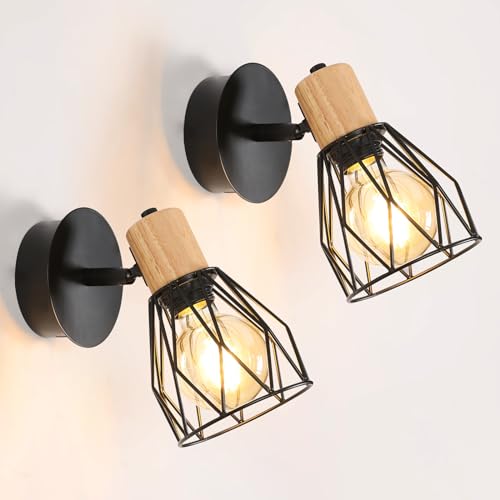 Comely 2 Piezas Lámpara de Pared Vintage, Giratorio 350 ° Aplique Pared Interior Industrial, Diseño Jaula de Madera y Metal Luz de Pared Retro Iluminación E27 para Dormitorio Salón Pasillo Cocina
