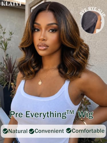 Image of KLAIYI Bye Bye Slip Ombre Highlight Balayage Brown Bob Body Wave Glueless Precut 7x5 Lace Front Wigs Human Hair Drawstring Pre Plucked Bleached Knots Face Framing 30S Ready to Wear and Go Wig 14Inch