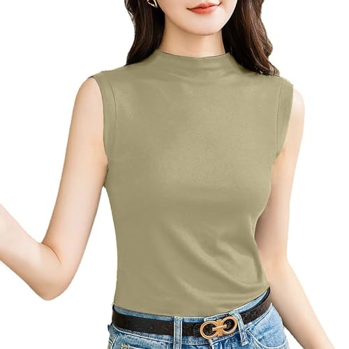Women’s Sleeveless Mock Turtleneck Tops Basic Slim T-Shirts
